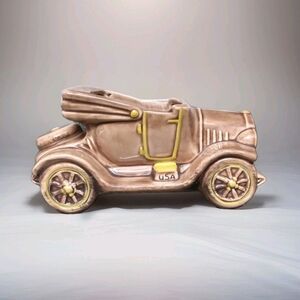 Vintage McCoy USA Pottery Antique Car Planter Brown With Yellow Accents 1950s
